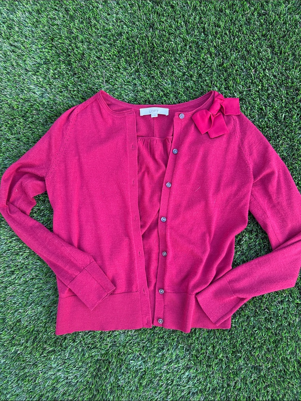 LOFT Brick Red Bow-Shoulder Button Cardigan